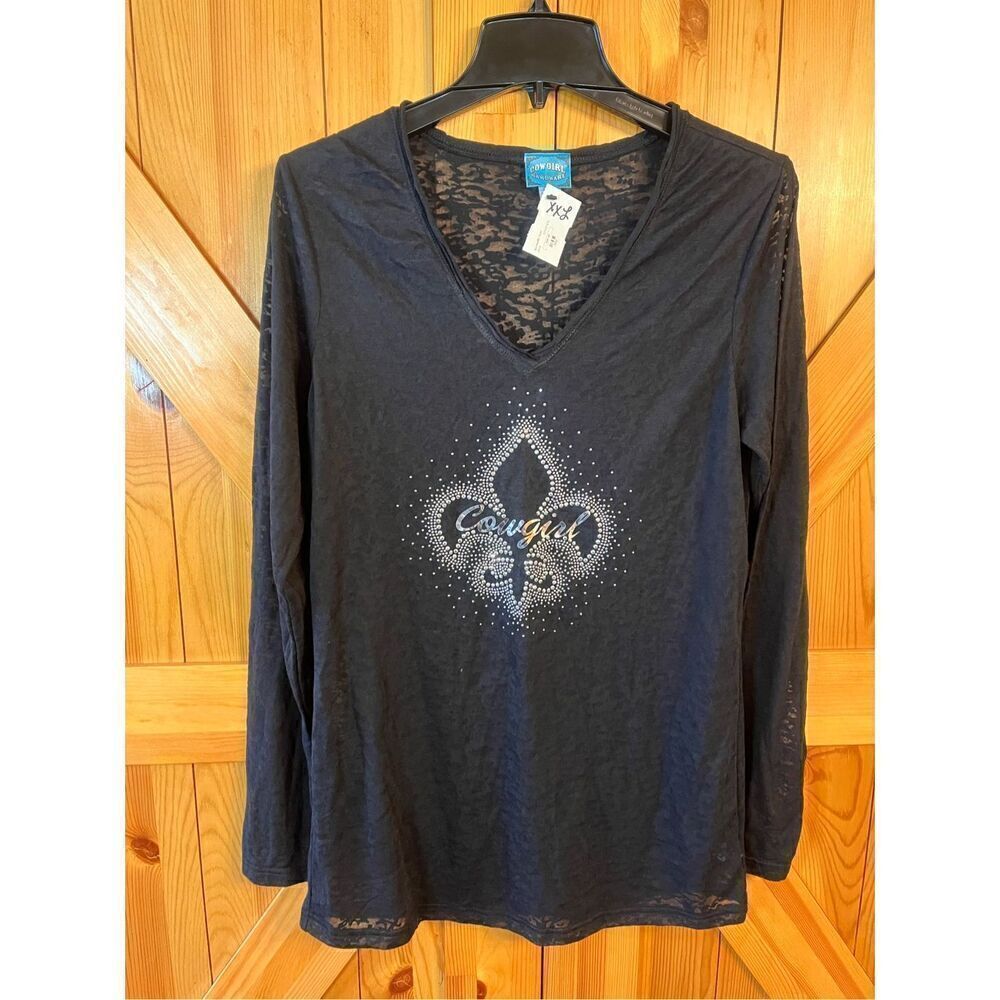 Cowgirl Hardware Women Black Burnout Top Blouse Shirt Sparkly 2XL nwt (3712)